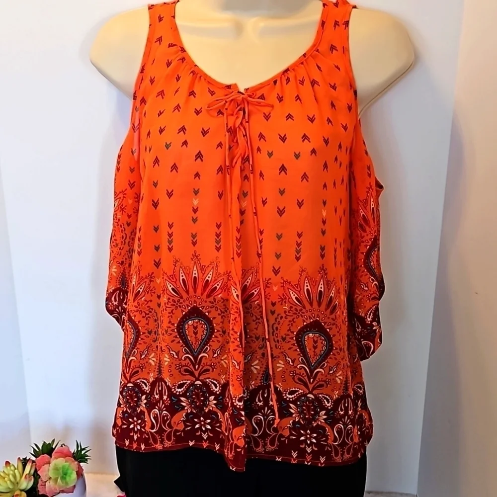 Arizona The Original Jean Company. Cold Shoulder Boho Top Size S orange  floral - Picture 6 of 16